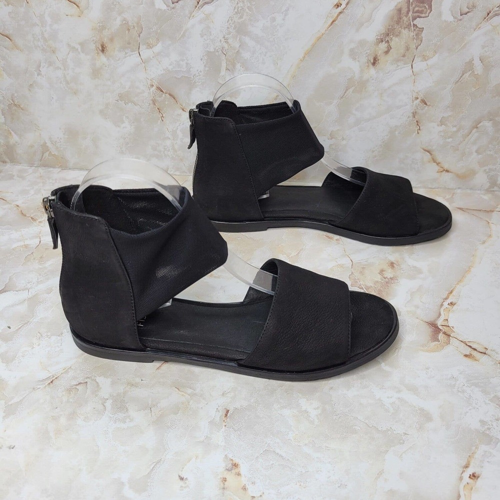 Eileen Fisher Black Leather Flat Sandal Mesh ankle strap/ Back zipper Size 6.5